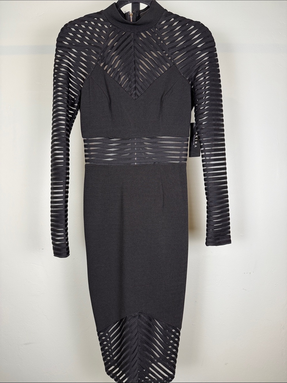 AKIRA Black Mock Neck Sheer Mesh Panel Striped Bodycon Dress NWT Small